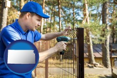 kansas map icon and fence builder attaching fencing to a fence post