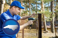 north-carolina map icon and fence builder attaching fencing to a fence post