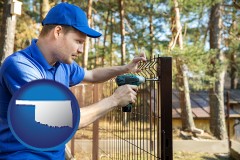 oklahoma map icon and fence builder attaching fencing to a fence post