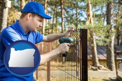 oregon map icon and fence builder attaching fencing to a fence post