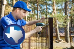 texas map icon and fence builder attaching fencing to a fence post