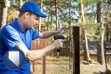 fence builder attaching fencing to a fence post - with Nevada icon